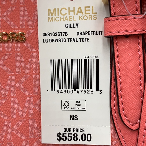 MICHAEL KORS GILLY LARGE DRAWSTRING TRAVEL TOTE GRAPEFRUIT SIGNATURE - Picture 16 of 16